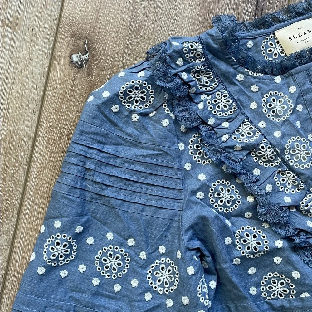 Sezane Nele embroidered vintage ruffle blue cropped shirt. NWT!! - Picture 10 of 16